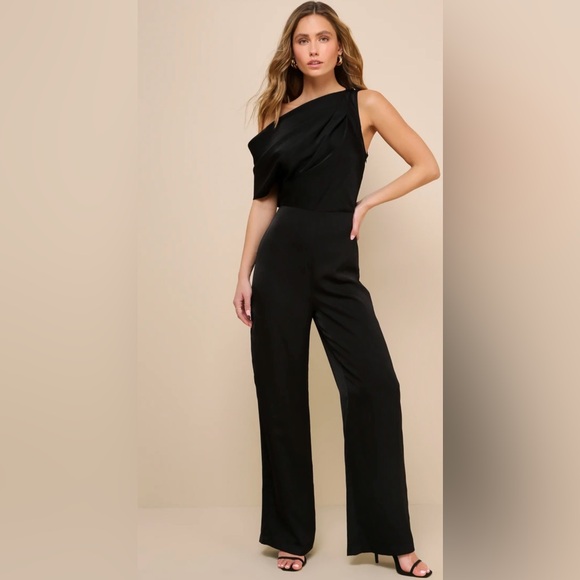 Lulus Babe Energy Black Satin One-Shoulder Wide-Leg Jumpsuit